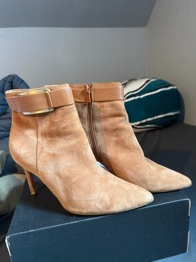 Calvin Klein Tan Suede Pointed-Toe Ankle Booties with Buckle